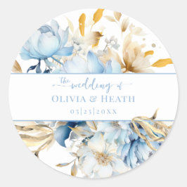 Adesivo Redondo Dusty Blue Floral Dourado Casamento