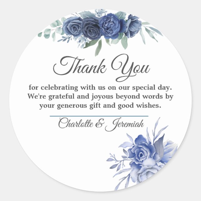 Adesivo Redondo Dusty Blue Floral Watercolor Casamento Obrigado (Frente)