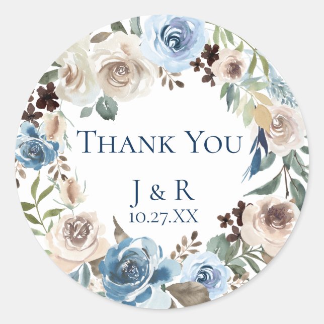 Adesivo Redondo Dusty Blue Floral Wreath Personalizado Favor (Frente)