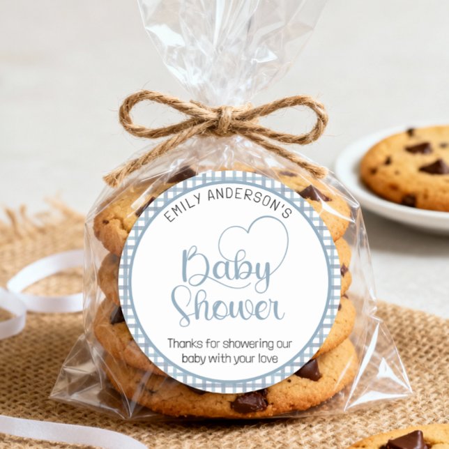 Adesivo Redondo Dusty Blue Gingham Baby Shower Favor Sticker (Baby Shower Sticker)