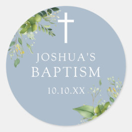 Adesivo Redondo Dusty Blue Greenery Baptism Christening Favor