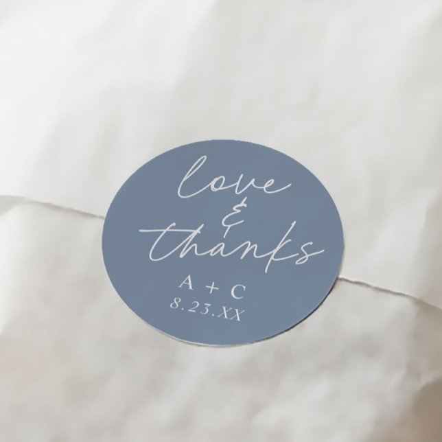 Adesivo Redondo Dusty Blue Handwriting Thank You Wedding Favor (Elegant dusty blue handwriting  wedding thank you favor stickers)