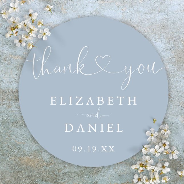 Adesivo Redondo Dusty Blue Heart Script Obrigado Favor De Casament (Dusty Blue Heart Script Thank You Wedding Favor Classic Round Sticker)