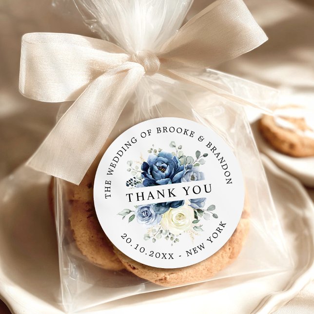 Adesivo Redondo Dusty Blue Marinho Champagne Casamento de marfim O (Dusty Blue Navy Champagne ivory Wedding Thank you Classic Round Sticker)