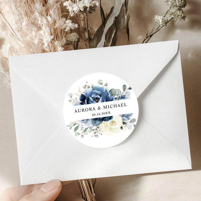 Adesivo Redondo Dusty Blue Marinho Champanhe Ivory Floral Casament (Dusty Blue Navy Champagne Ivory Floral Wedding Classic Round Sticker)
