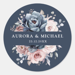 Adesivo Redondo Dusty Blue Mauve Rosa rosa Slate Floral Casamento 
