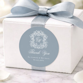 Adesivo Redondo Dusty Blue Monogram Wedding Crest Thank You