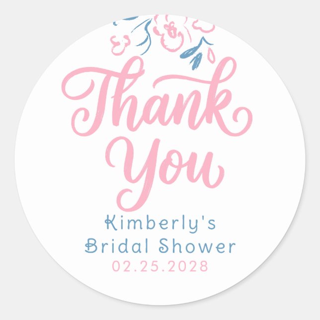 Adesivo Redondo Dusty Blue Pink Whimsical Bridal Shower Thank You  (Frente)