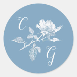 Adesivo Redondo Dusty Blue Rose Line Art Monogram Wedding