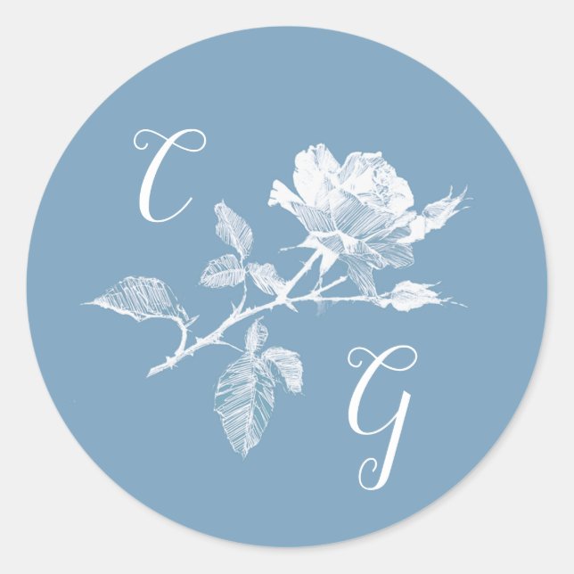 Adesivo Redondo Dusty Blue Rose Line Art Monogram Wedding (Frente)