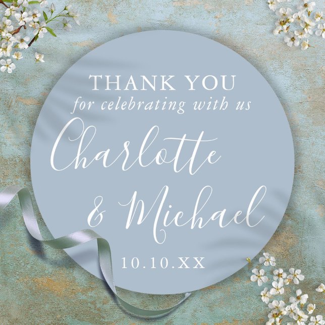 Adesivo Redondo Dusty Blue Signature Casamento Favor Obrigado (Dusty Blue Signature Wedding Favor Thank You Classic Round Sticker)