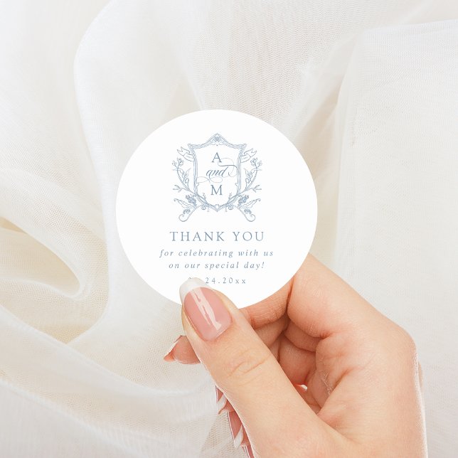 Adesivo Redondo Dusty Blue Vintage Crest Casamento Obrigado (Criador carregado)