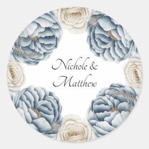 Adesivo Redondo Dusty Blue & White Peony Weds