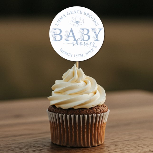 Adesivo Redondo Dusty Blue Wildflower Baby Shower (Baby Shower Favor Sticker)