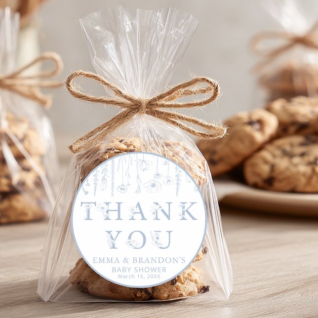 Adesivo Redondo Dusty Blue Wildflower Baby Shower Thank You  (Blue Wildflower Thank You Sticker)