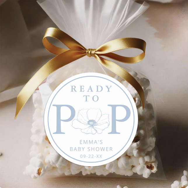 Adesivo Redondo Dusty Blue Wildflower Ready to Pop Baby Shower  (Ready To Pop - Dusty Blue Baby Shower Sticker)