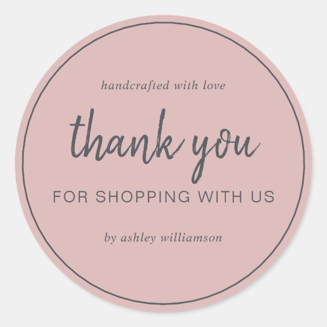 Adesivo Redondo Dusty Pink Chic Script Obrigado por Comprar (Frente)