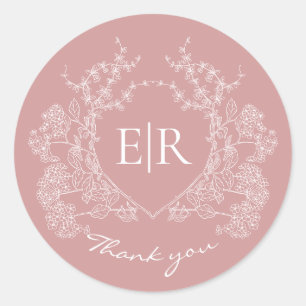 Adesivo Redondo Dusty Pink Floral Crest Monograma Casamento Obriga