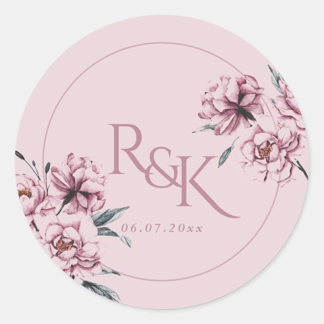 Adesivo Redondo Dusty Pink Mauve Peony Wedding Favor Round Sticker (Frente)