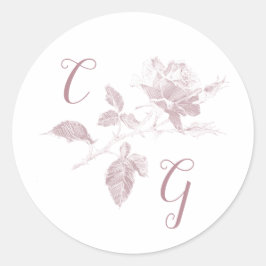 Adesivo Redondo Dusty Pink Rose Line Art Monogram Wedding