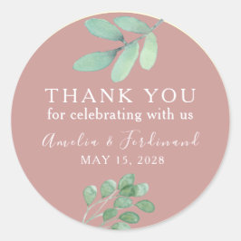 Adesivo Redondo Dusty Rosa Eucalyptus Wedding Obrigado Sticker