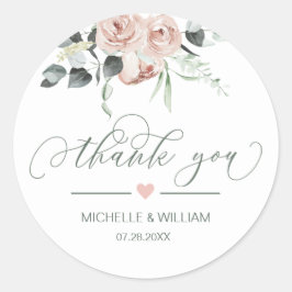 Adesivo Redondo Dusty Rosa Greenery Casamento Floral Obrigado