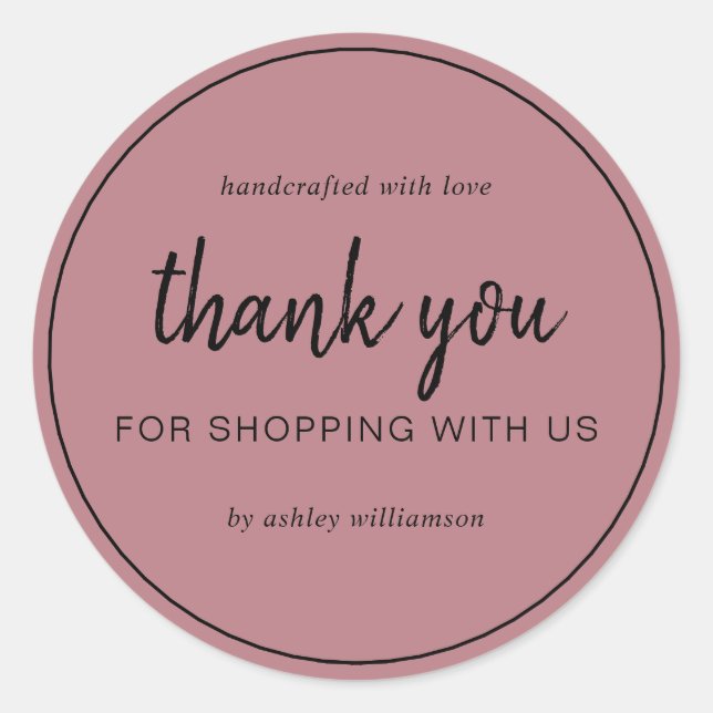 Adesivo Redondo Dusty Rose Chic Script Obrigada por Comprar (Frente)