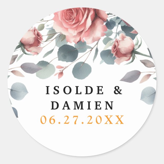 Adesivo Redondo Dusty Rose ElegantPink Mauve Greenery Floral Gold  (Frente)