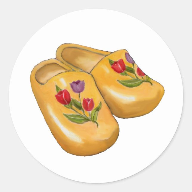 Adesivo Redondo Dutch Wooden Shoes with Tulips, Klompen, Holland (Frente)