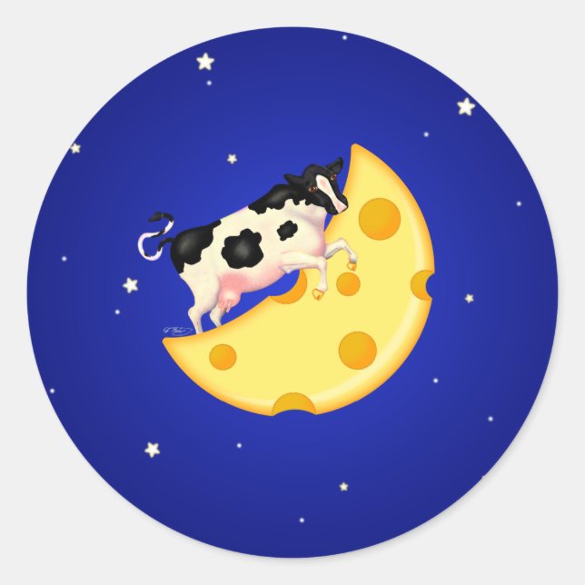 Adesivo Redondo E a vaca saltou sobre a lua de queijo (Frente)