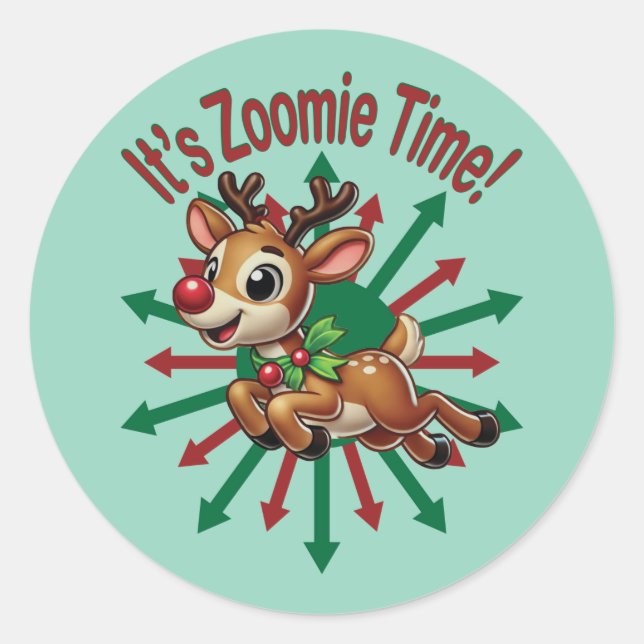 Adesivo Redondo "É hora da Zoomie! Reindeer de Natal (Frente)