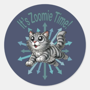 Adesivo Redondo É hora do Zoomie Gato Cinza Tabby