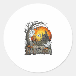 Adesivo Redondo É Hora Halloween Casa Assombrada Cemitério Assusta