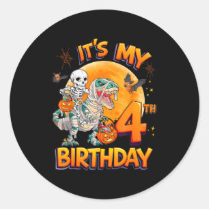Adesivo Redondo É Meu 4º Aniversário Esqueleto de Dinossauro Múmia