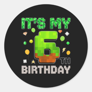 Adesivo Redondo É meu 6º aniversário Menino Jogos Pixel Gamer Pa