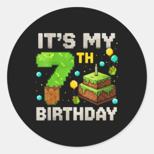Adesivo Redondo É meu 7º aniversário, garoto gamer pixel aniversar