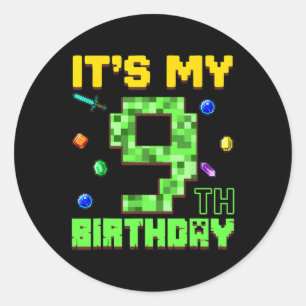 Adesivo Redondo É Meu 9º Aniversário Menino de 9 Anos Gamer Pixel 