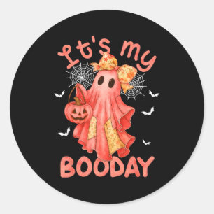 Adesivo Redondo É o Dia do Meu Boo de Halloween Jeans Rosa Anivers