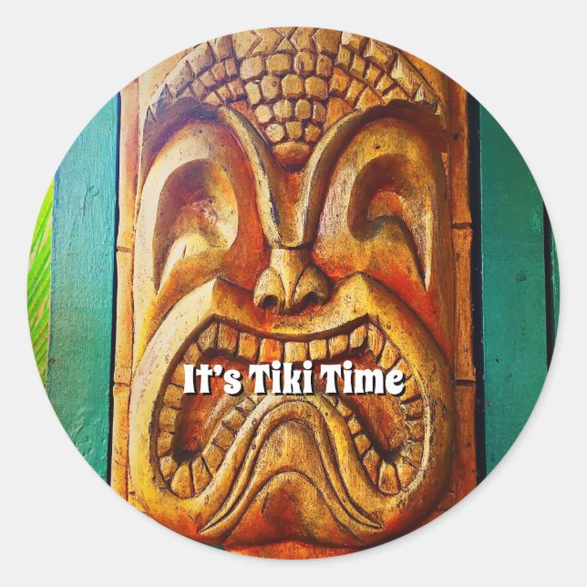Adesivo Redondo É o Tiki Time Hawaii Divertido Retro Tropical Wood (Frente)