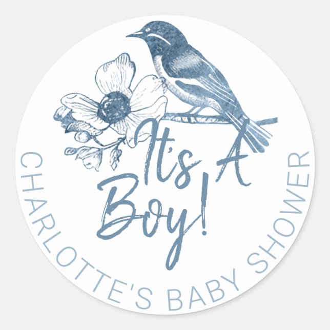 Adesivo Redondo É um Chá de fraldas de menino - Pássaro azul empoe (Frente)