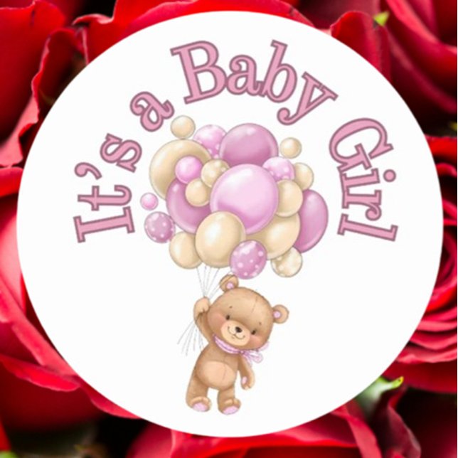 Adesivo Redondo É um Chá de fraldas de Urso (Celebrate your baby girl’s arrival with this adorable bear baby shower sticker)