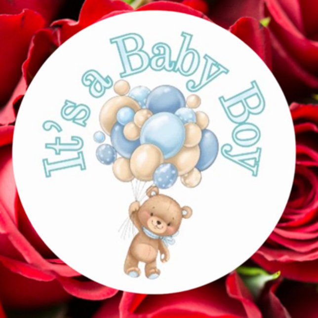 Adesivo Redondo É um Chá de fraldas do Urso (Celebrate your baby boy with our adorable bear baby shower sticker.)