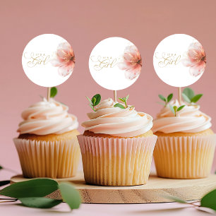 Adesivo Redondo É um Chá de fraldas Dourado Floral Moderno Rosa