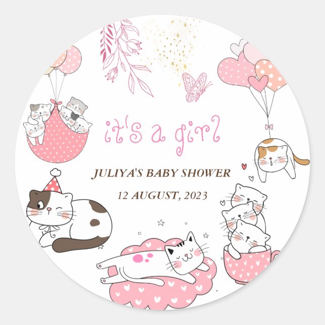 Adesivo Redondo É um chá de fraldas feminino com gatos (Frente)