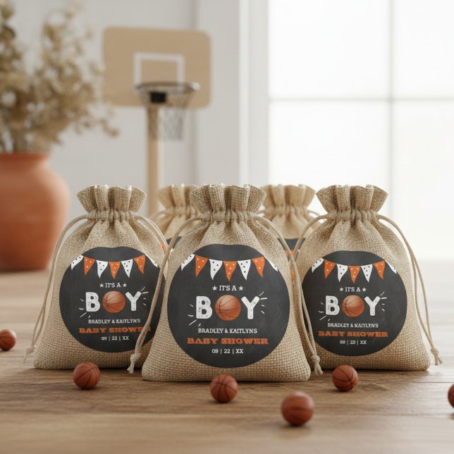 Adesivo Redondo É um menino! Chá de fraldas de Basquete Themed Co- (Criador carregado)