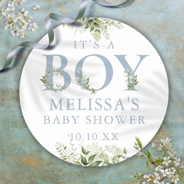 Adesivo Redondo É um menino Dusty Blue Greenery Chã de Bebê (Its A Boy Dusty Blue Greenery Baby Shower Classic Round Sticker)
