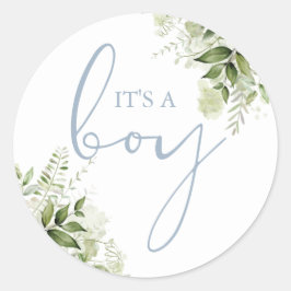 Adesivo Redondo É um menino Dusty Blue Greenery Favor de Chá de Be