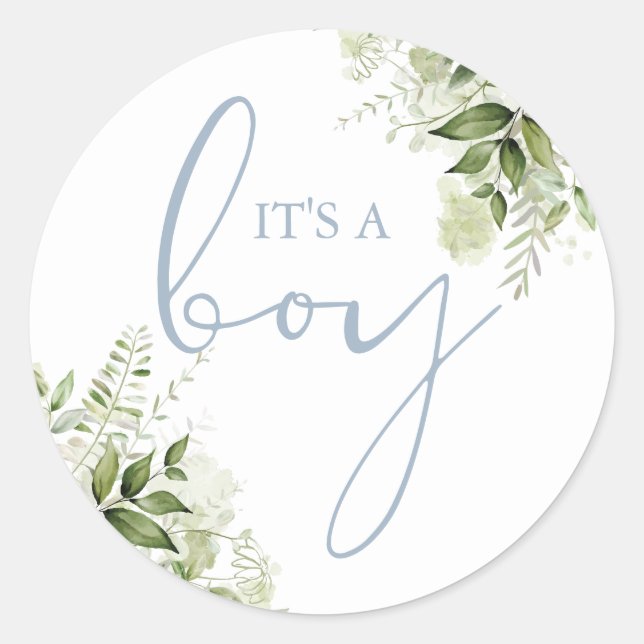 Adesivo Redondo É um menino Dusty Blue Greenery Favor de Chá de Be (Frente)