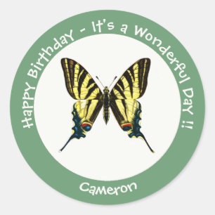 Adesivo Redondo É uma Festa de aniversário de borboleta de Swallow