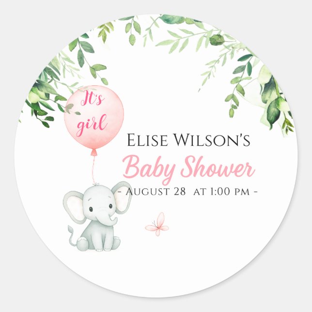 Adesivo Redondo É uma garota! Pequeno elefante bonito com balão (Frente)